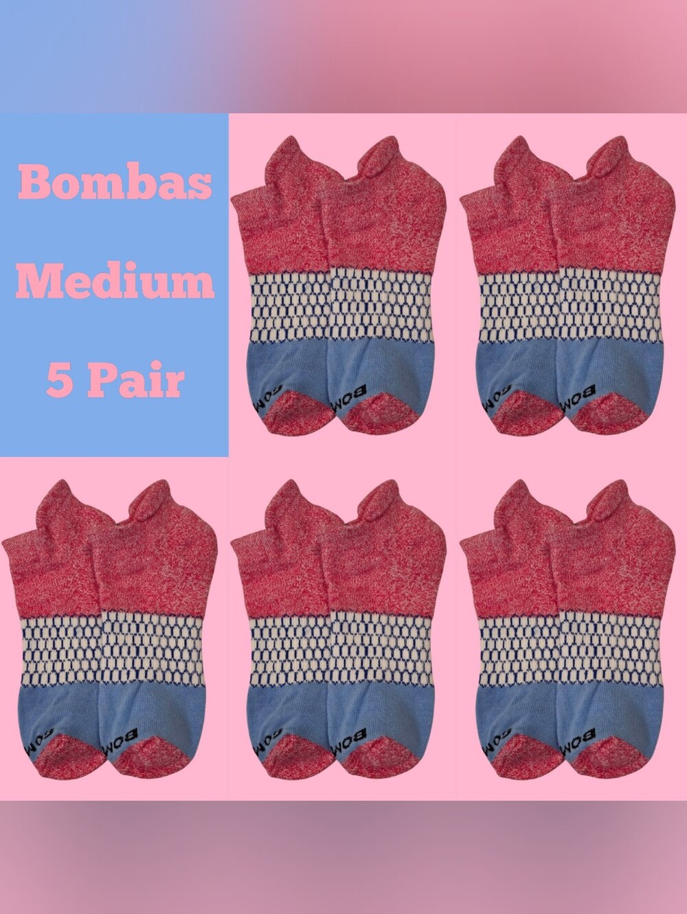 Bombas Medium Ankle Socks Pink Blue 5 Pair BNWT Unisex Honeycomb Arch Support